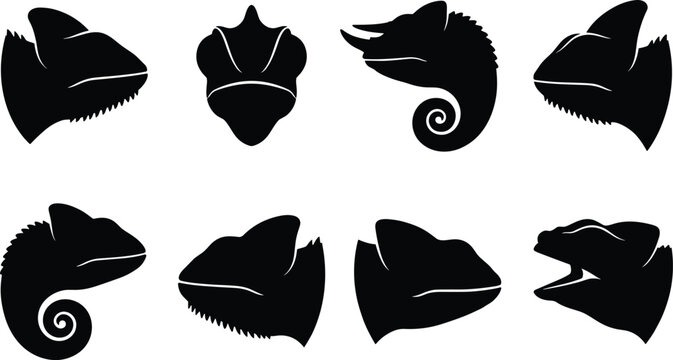 Reptile Head Silhouette Vector Icon Set with Chameleon Lizard and Dinosaur Profiles