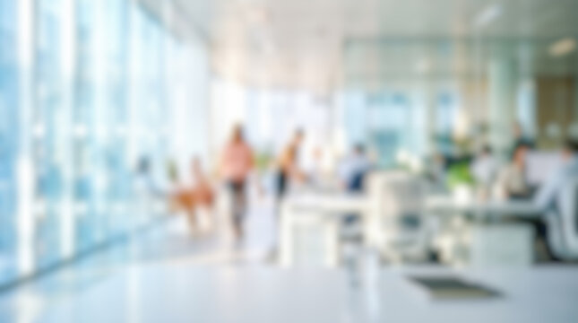 Blurred modern corporate office interior background busy business people working bright daylight soft bokeh glass walls spacious contemporary workplace environment