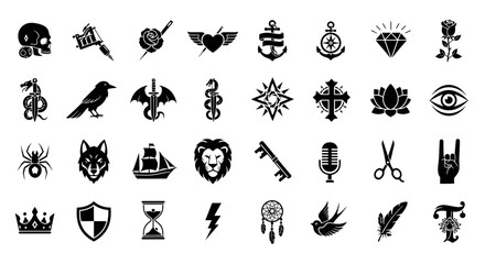 Obraz premium Collection of Tattoo Style Icons: Skulls, Animals, Symbols, Flowers, and More