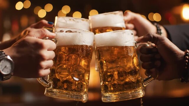 Close-up of a diverse group of friends clinking heavy dimpled beer mugs in a celebratory toast at a warm, dimly lit bar