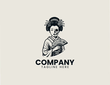 Half geisha and skull portrait black vector logo illustration