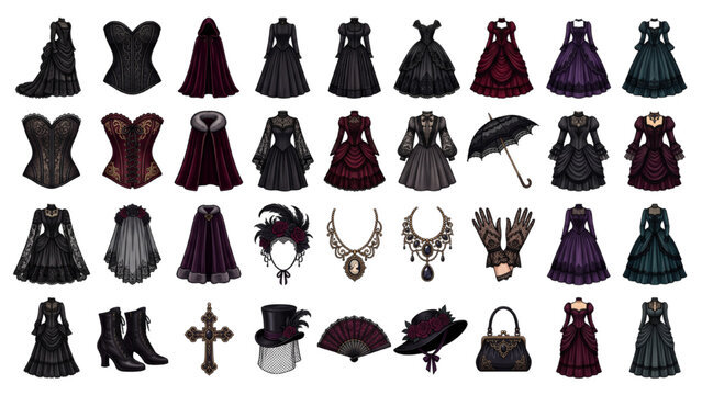 Luxury Gothic Halloween Dress Collection with Victorian Gowns Lace Corsets Velvet Capes Elegant Fashion Vector Illustration