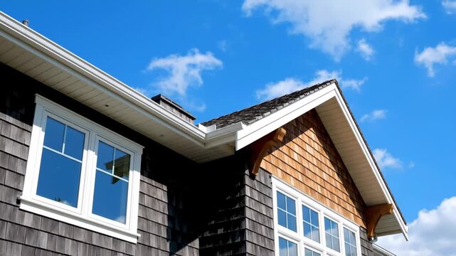 Low angle exterior shot of a modern house with dark shake siding, white windows, and a cedar shingle gable under a bright blue sky with passing clouds