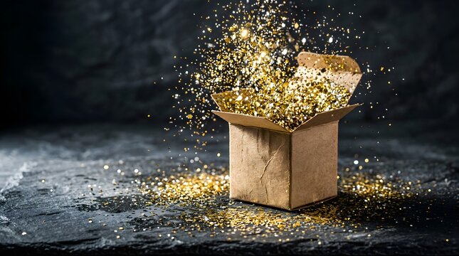 Open cardboard box with gold glitter explosion on dark stone background