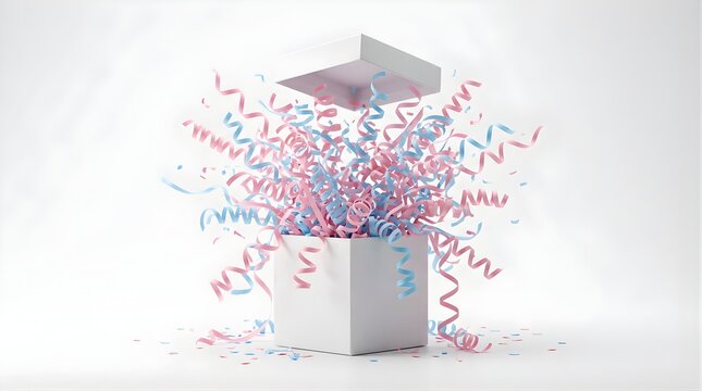 Open gift box with pink and blue confetti ribbons for a baby reveal