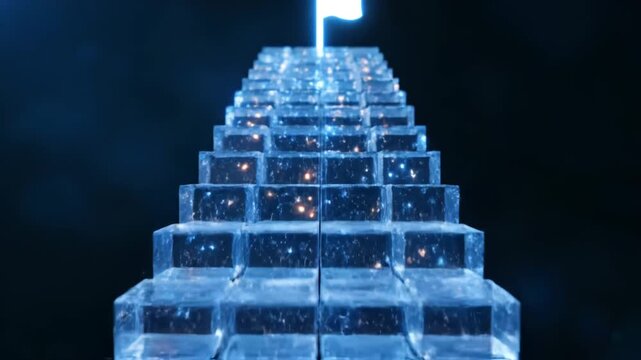An abstract staircase of glowing glass cubes containing stars, rising to a shining neon flag at the top