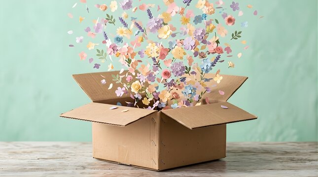 Paper flowers floating out of a cardboard delivery box on a table