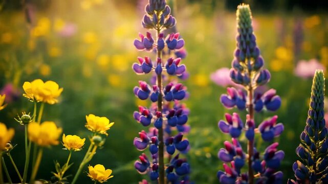 A panning close-up shot of a sunlit wildflower meadow featuring pink cosmos, bright yellow buttercups, and tall purple lupines