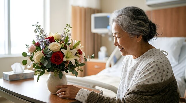 Senior Asian woman smiling at a flower bouquet in a hospital room
