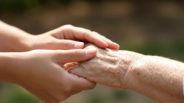 Close-up of a young person gently holding and comforting an elderly person's wrinkled hand outdoors