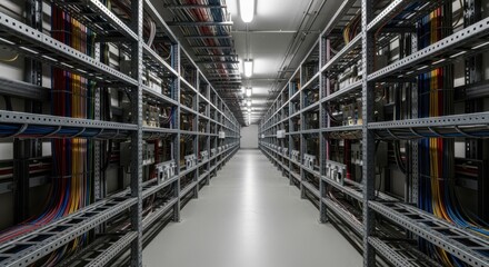 Fototapeta premium Modern Industrial Server Room Corridor with Organized Electrical Cabling and Metal Infrastructure