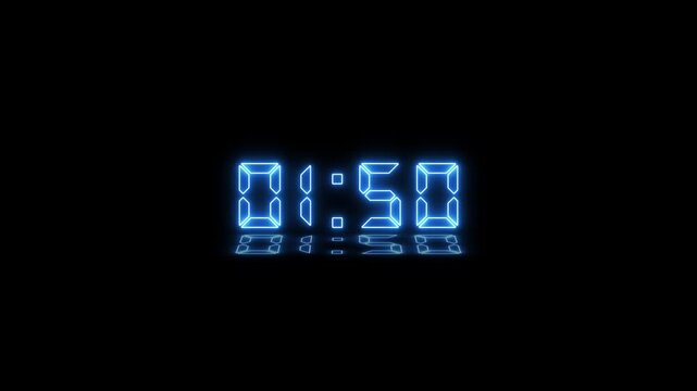 Abstract neon LED timer for 2 minutes countdown with reflection count animation on a black screen. Neon blue digital number clock with reflection.