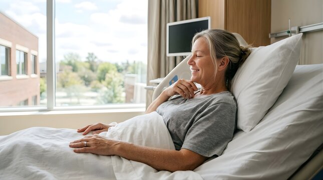 Smiling mature woman resting in hospital bed during recovery after treatment