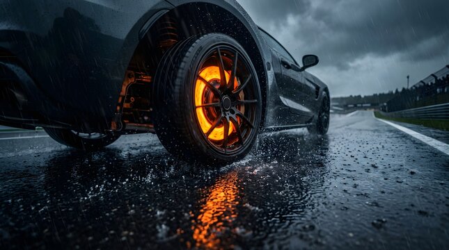 Sports car braking with glowing hot disc brake on wet rainy racetrack