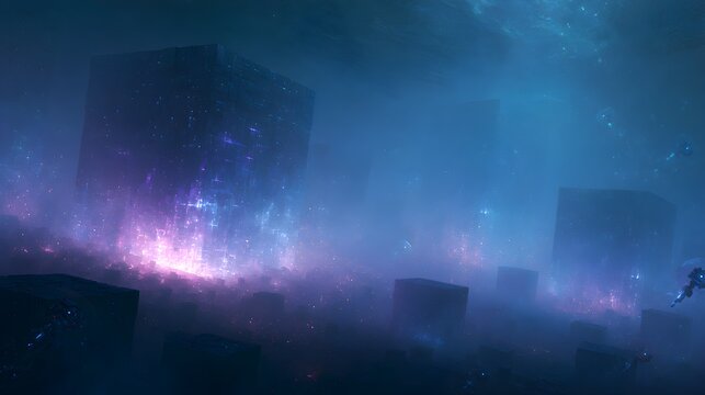 Abstract Futuristic Technology Concept with Giant Glowing Deep Sea Cubic Servers and Cyber Data Storage Archive in Blue Ocean