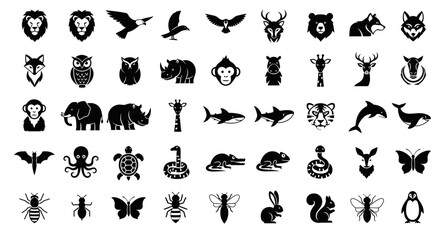 Fototapeta premium Diverse Collection of Animal Icons, Wildlife Silhouettes, Nature Symbols, Vector Graphics