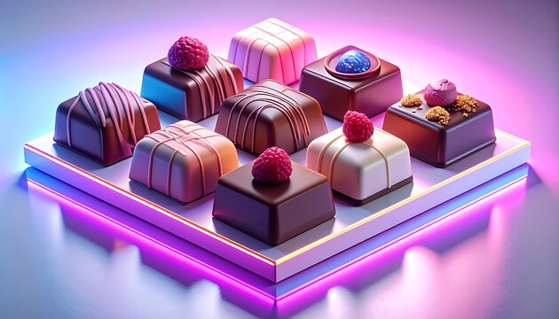 Assorted chocolates on a neon lit plate.