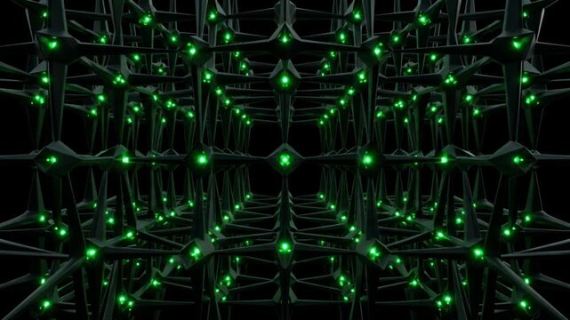 漆黒の空間で青い光の粒子がエメラルド色に発光しノードに固定される抽象的CG映像