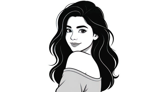 Elegant Dark-Haired Woman Portrait, Vector Art, Abstract Floral Accents