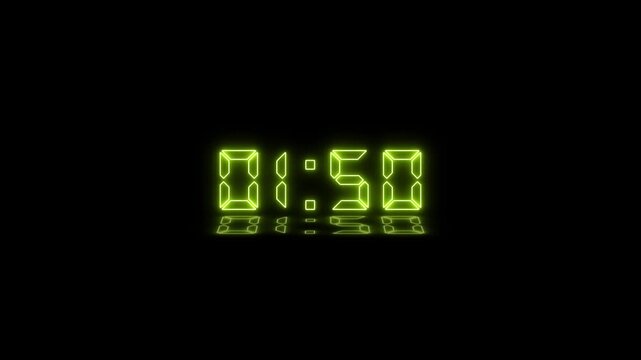 Abstract neon LED timer for 2 minutes countdown with reflection count animation on a black screen. Neon green digital number clock with reflection.