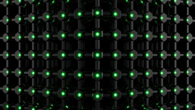 漆黒の空間で青い光の粒子がエメラルド色に発光しノードに固定される抽象的CG映像