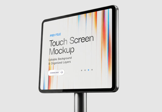 Modern Touch Screen Display Mockup on Metal Stand Pole for Advertising and Digital Signage Presentation
