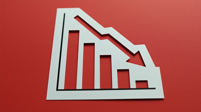White paper chart with downward arrow showing declining financial trend against solid red background. Bar graph visualizes economic loss business failure recession risk market drop. Graphic report