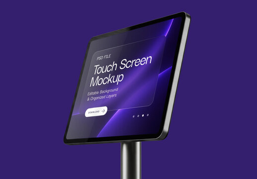 Modern Touch Screen Display Mockup on Metal Stand Pole for Advertising and Digital Signage Presentation
