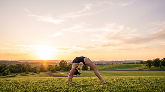 Gymnast performing a backbend bridge in a grassy field at sunset