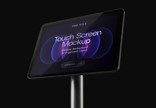 Modern Touch Screen Display Mockup on Metal Stand Pole for Advertising and Digital Signage Presentation