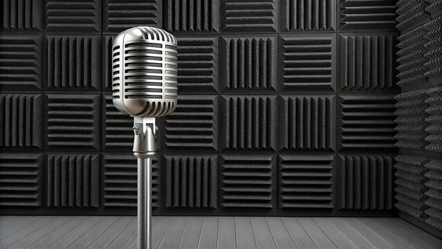 Classic vintage dynamic microphone standing in a professional recording studio with acoustic foam wall panels