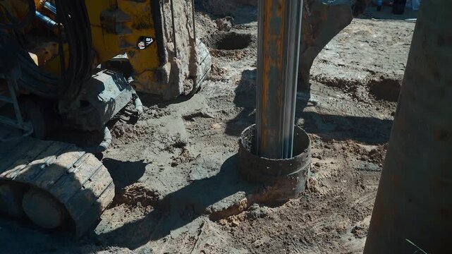 pile driver heavy machinery for concrete pouring at constructions, machine for concreting at construction 4k
