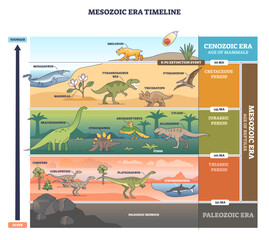 Mesozoic timeline diagram visualizes dinosaur eras from Triassic to Cretaceous, highlighting T. rex, Triceratops, and asteroid impact across periods and flora. Outline diagram © VectorMine