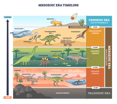 Mesozoic timeline diagram visualizes dinosaur eras from Triassic to Cretaceous, highlighting T. rex, Triceratops, and asteroid impact across periods and flora. Outline diagram