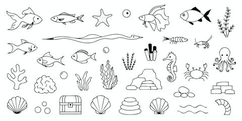 Obraz premium Ocean and sea life black thin line icons set featuring fish, coral, and marine animals