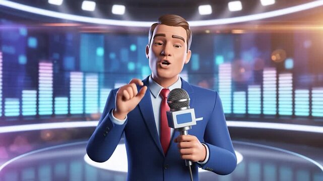A 3D male news anchor reports live from a digital studio