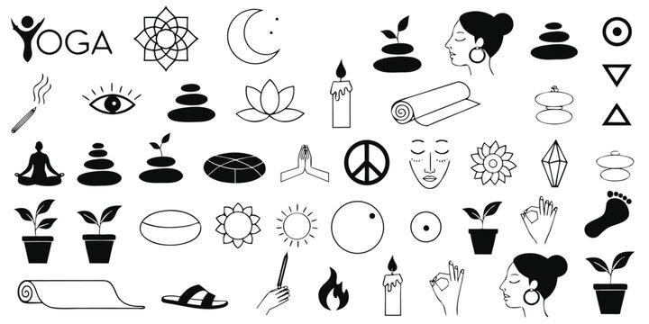Yoga and meditation black thin line icons set for wellness, spa, and healthy lifestyle designs