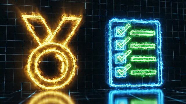 Glowing digital medal and checklist icons on a dark grid