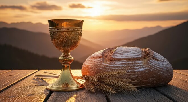 Golden Chalice and Bread with Wheat on Wooden Table at Sunset - Christian Eucharist and Holy Communion Concept