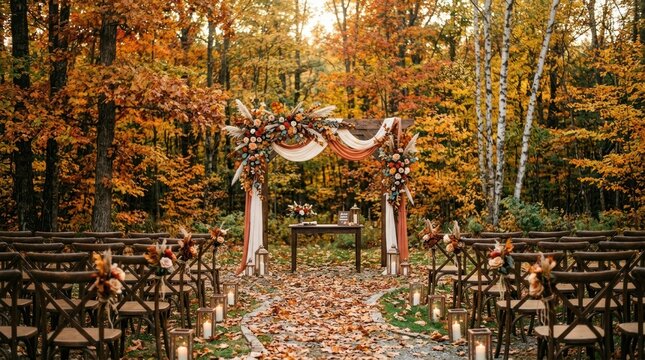 A serene autumnal wedding ceremony setup with a wooden arch adorned with fall foliage and flowers, surrounded by a carpet of fallen leaves, under a canopy of trees with golden leaves,