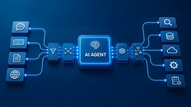 Artificial intelligence AI agent pipeline taking input data and generating output solutions representing automated workflow and smart processing