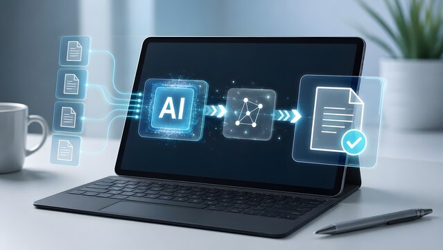 Laptop showing AI automated document processing concept with holographic icons of data extraction and verification