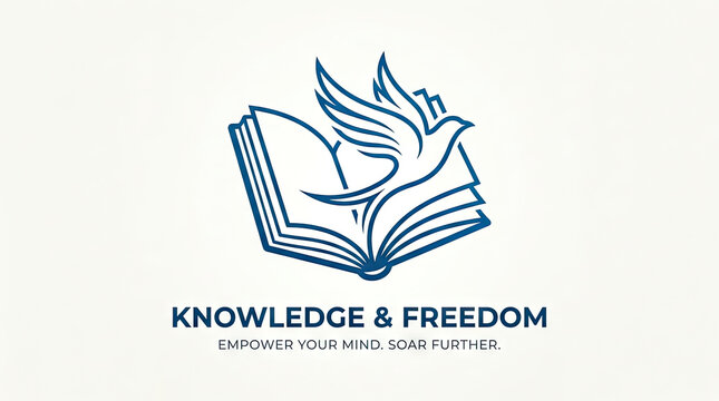 A logo featuring a bird emerging from an open book with text.