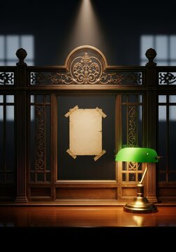 Vintage Ornate Teller Window with Blank Aged Paper and Classic Green Banker Lamp on Wooden Desk in Moody Lighting