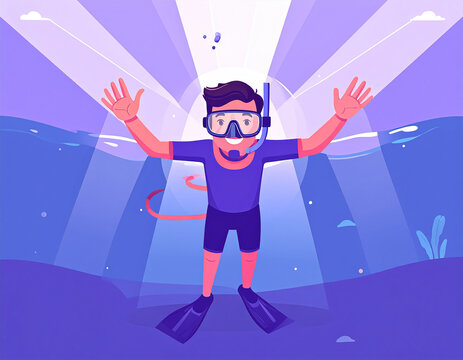 Happy male snorkeler waving hands underwater with sunbeams flat vector character illustration