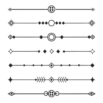 Variety of decorative horizontal dividers and separators featuring geometric shapes like diamonds and circles, combined with abstract elements for stylish graphic design applications.
