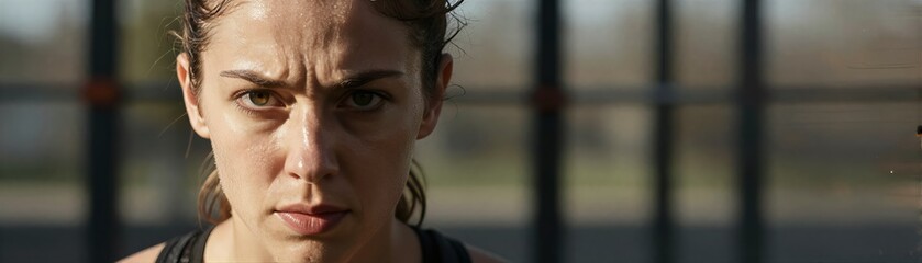 Naklejka premium Captures Close Portrait Of Adult Female To Finished Exercising In Midst Physical Activity As Evidenced By Glistening Skin Perspiration