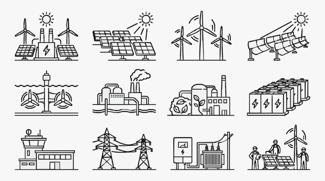 Industrial Black and White Line Drawing Icons Set Featuring Renewable Energy Power Plants and Electrical Infrastructure