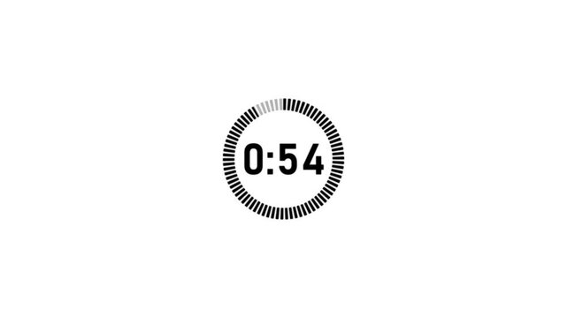 One minute countdown animation with transparent background, countdown timer from 60 seconds to 0 seconds with minute and seconds, One minute countdown timer with alpha channel in 4k.