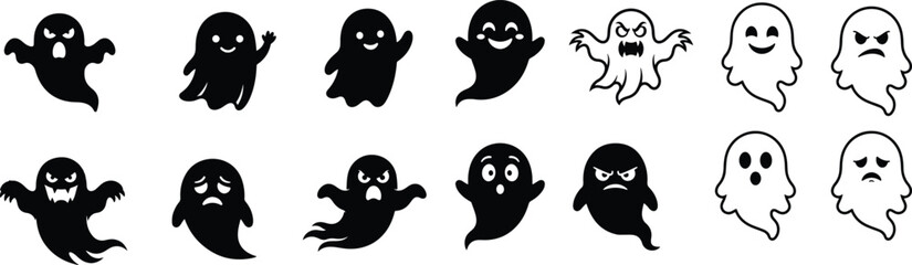 Fototapeta premium Spooky halloween ghost collection diverse black and white ghost icons for festive decorations and designs